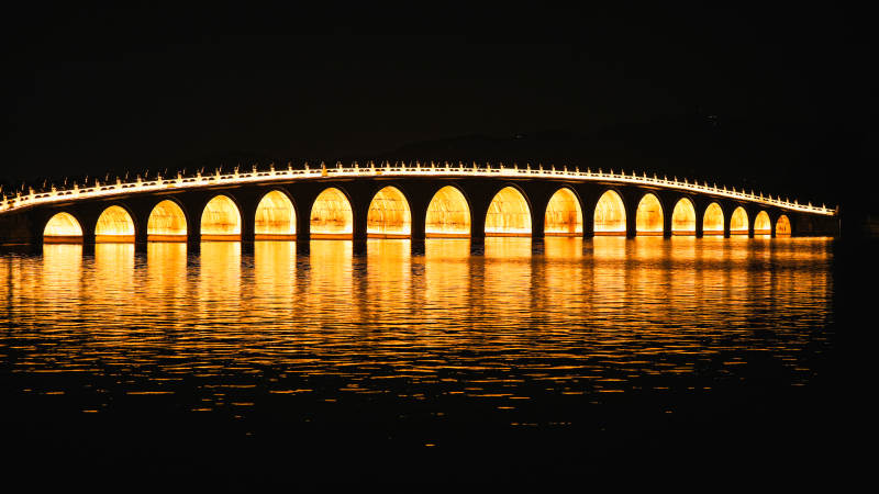 夜色中的颐和园十七孔桥图片