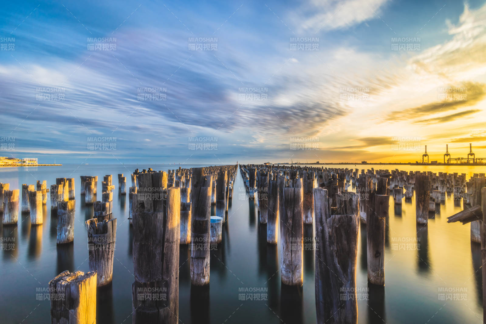 夕阳下墨尔本王子海港木桩图片