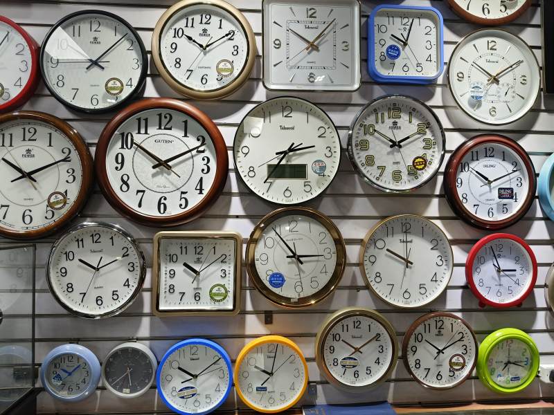 墙上挂着各式各样的钟表图片