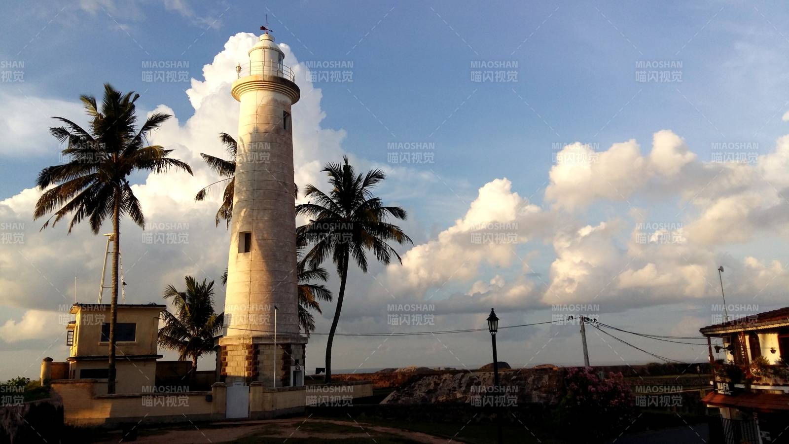 斯里兰卡海边灯塔与椰树风光图片