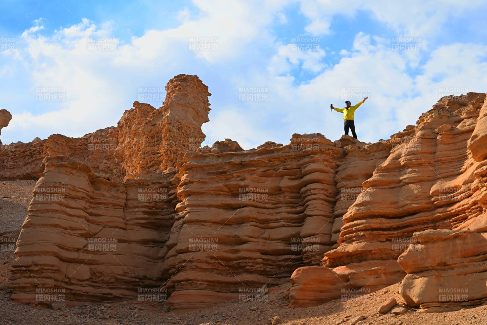 沙漠奇岩 一人登顶欢呼（无人区大海道）图片