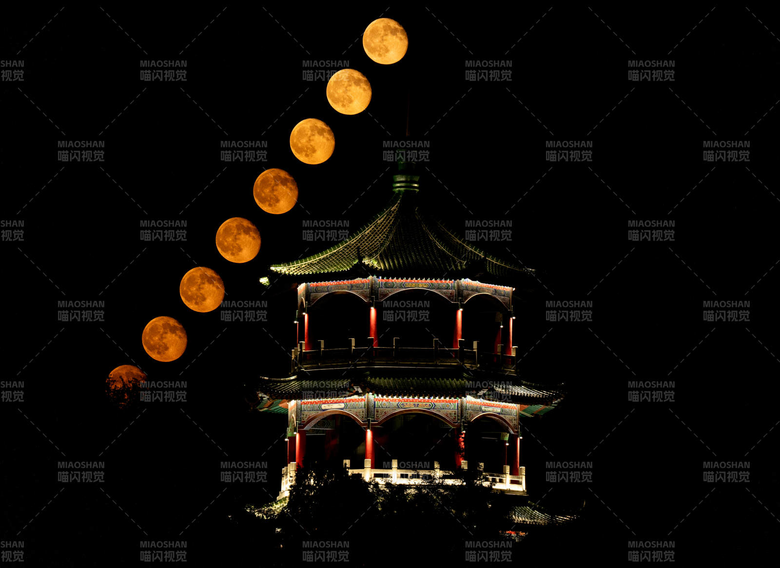 青岛莱西月湖公园揽月楼月生图片