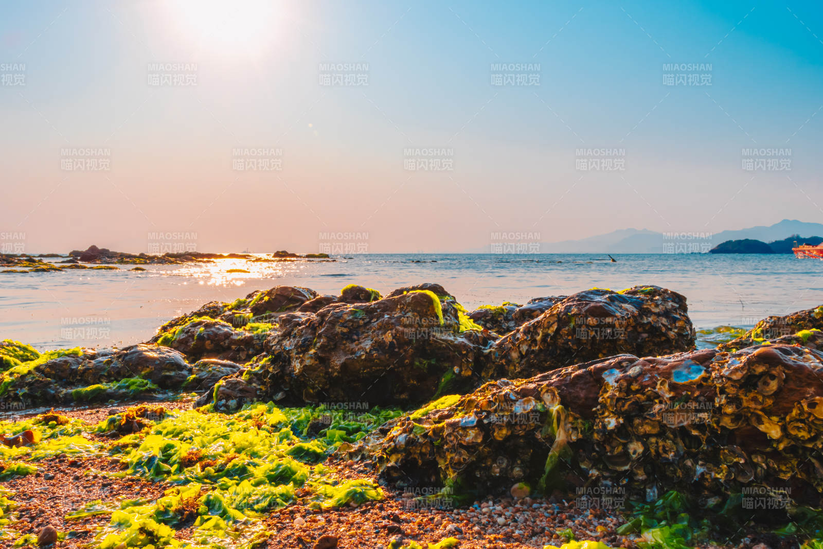 海边岩石与夕阳美景图片