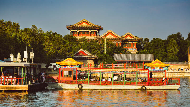 颐和园湖畔古建筑游船图片