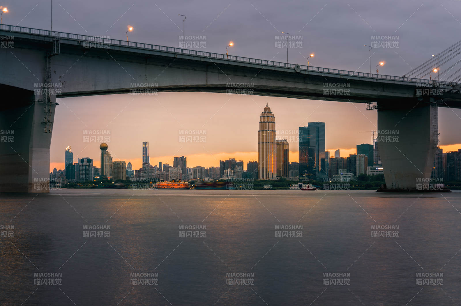 桥下城市剪影(武汉)图片