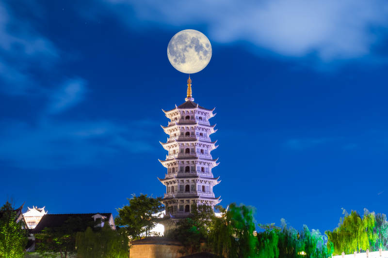 福州闽越水镇月照古塔夜景图片