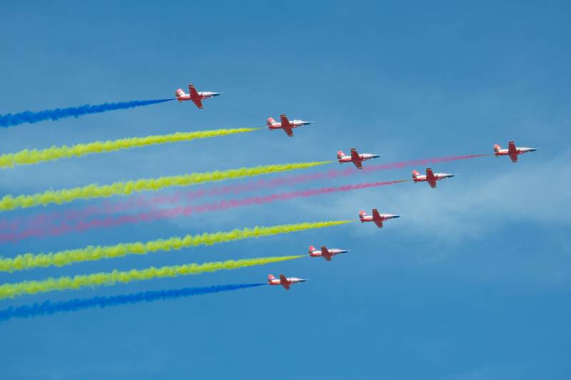 彩烟飞行表演图片