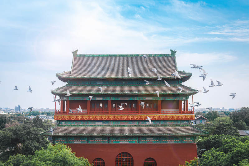 秋天阳光下中国北京古建筑钟鼓楼图片