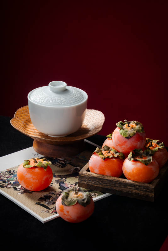 柿子与茶具静物图片