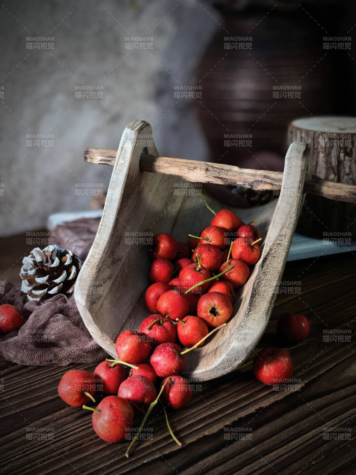 红果木勺静物图片