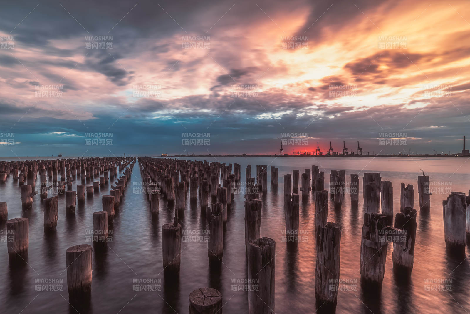 暮色中的墨尔本王子港木桩图片