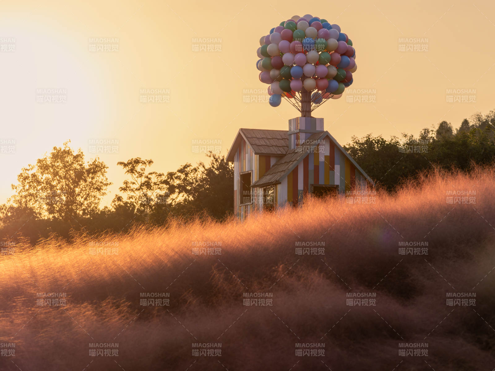 粉黛乱子草气球屋日落美景图片