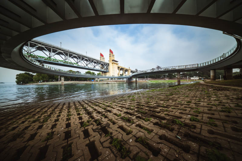 长江大桥桥下水岸风光图片