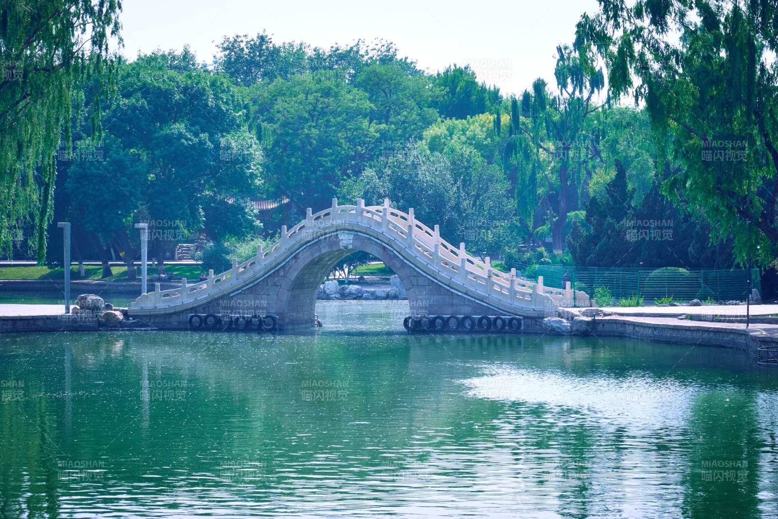 北京龙潭湖公园碧水拱桥映绿荫图片