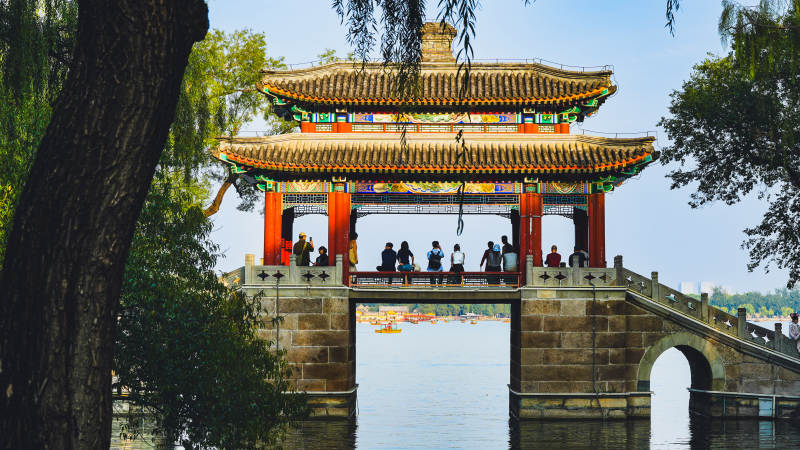 颐和园古桥映水 游人如织图片