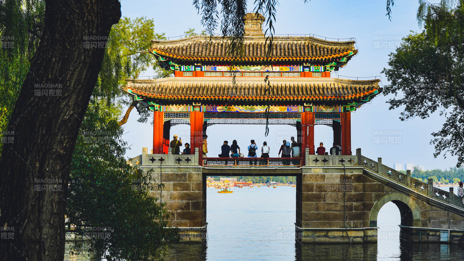 颐和园古桥映水 游人如织图片