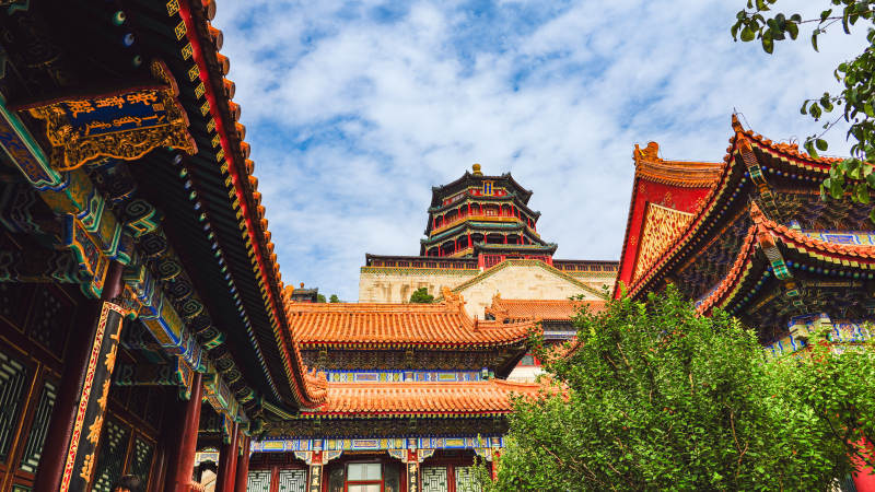 颐和园佛香阁飞檐映蓝天图片