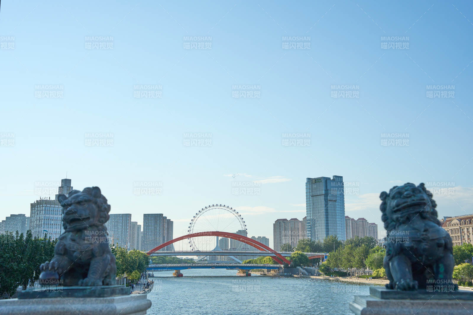 天津海河城市河畔石狮对望图片