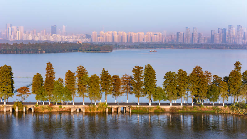 东湖磨山湖畔秋景城市天际线图片