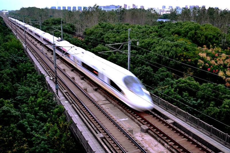 高速列车穿行林间图片