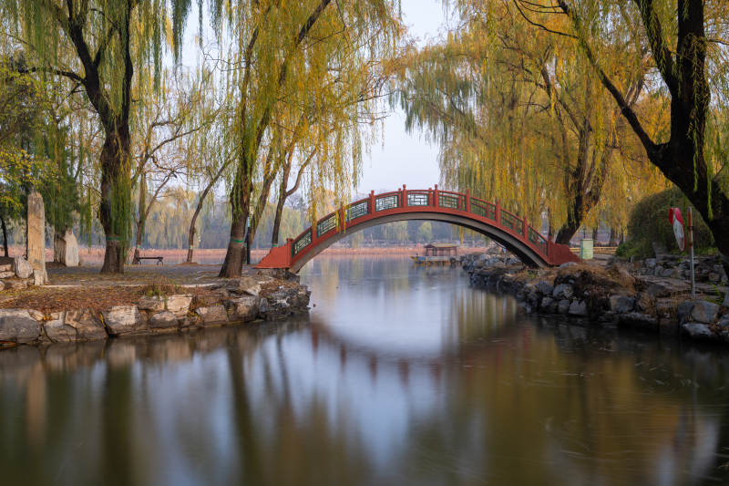 圆明园秋湖红桥映柳影图片