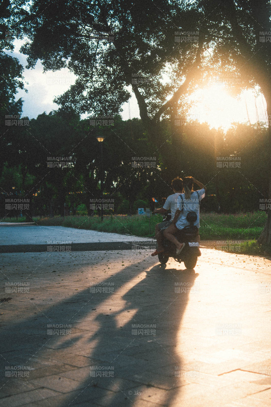 夕阳下的骑行剪影图片