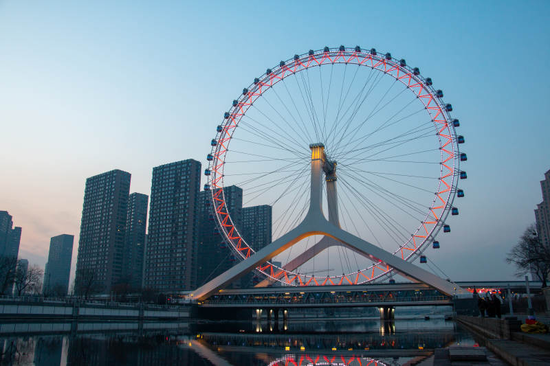天津之眼摩天轮夜景倒影图片