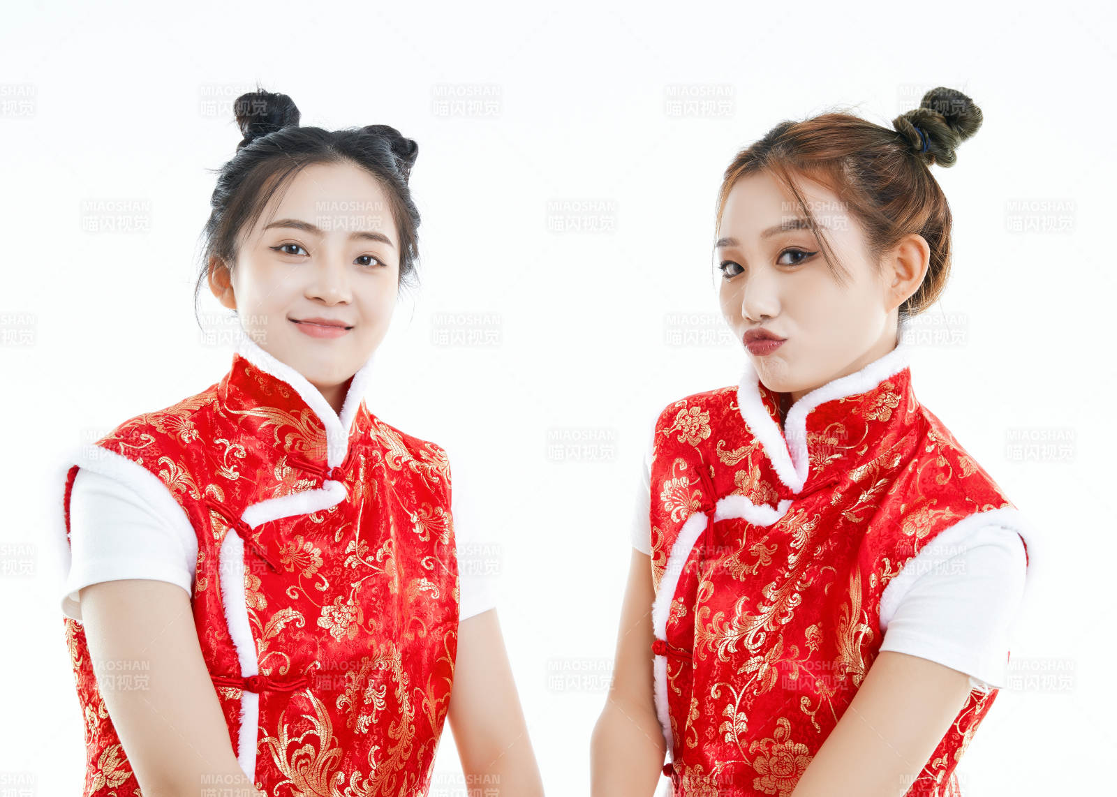 白色背景下身穿喜庆服饰的中国可爱少女图片