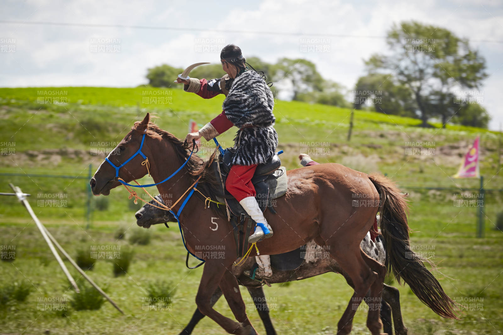 在草原景区表演的蒙古古代骑马打仗演出图片