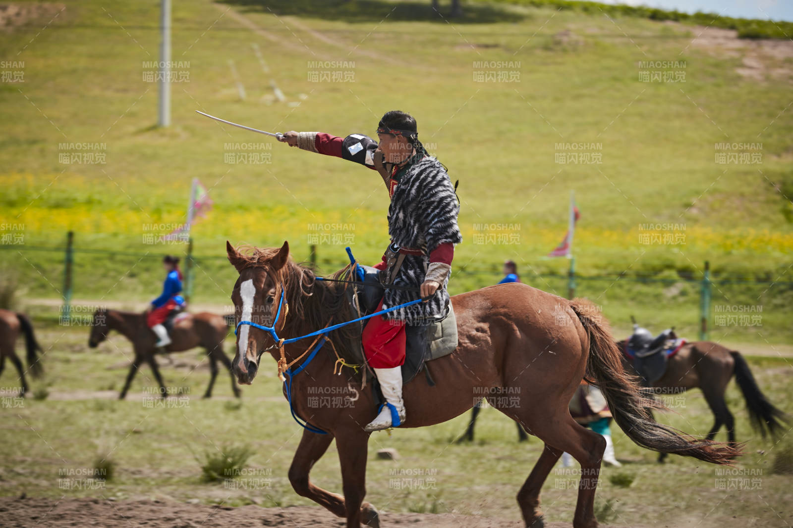 在草原景区表演的蒙古古代骑马打仗演出图片
