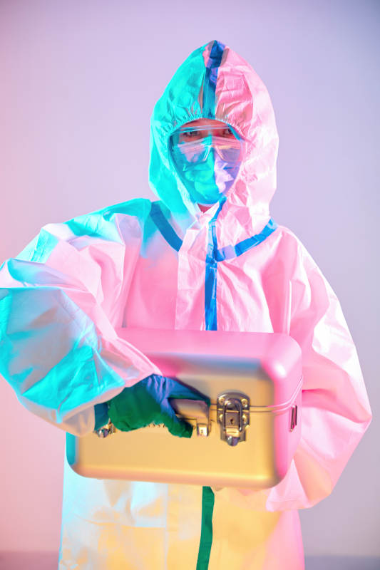 赛博朋克风格穿防护服戴口罩护目镜的少女图片