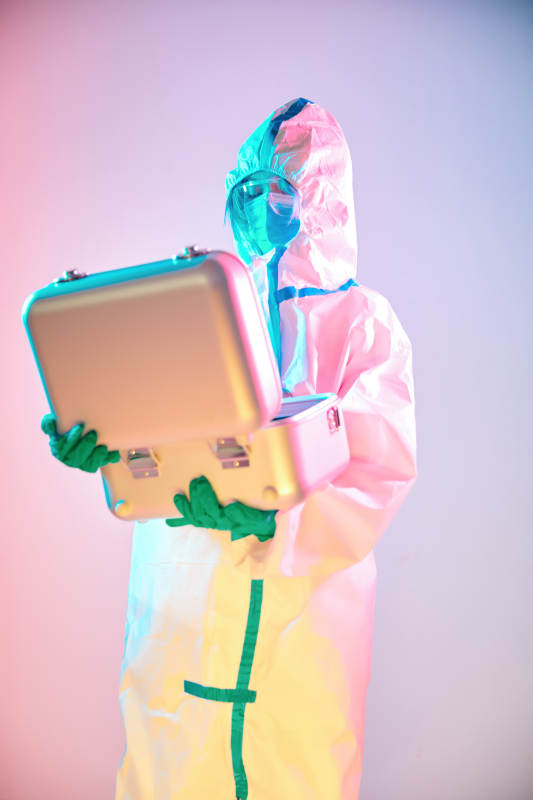 赛博朋克风格穿防护服戴口罩护目镜的少女图片