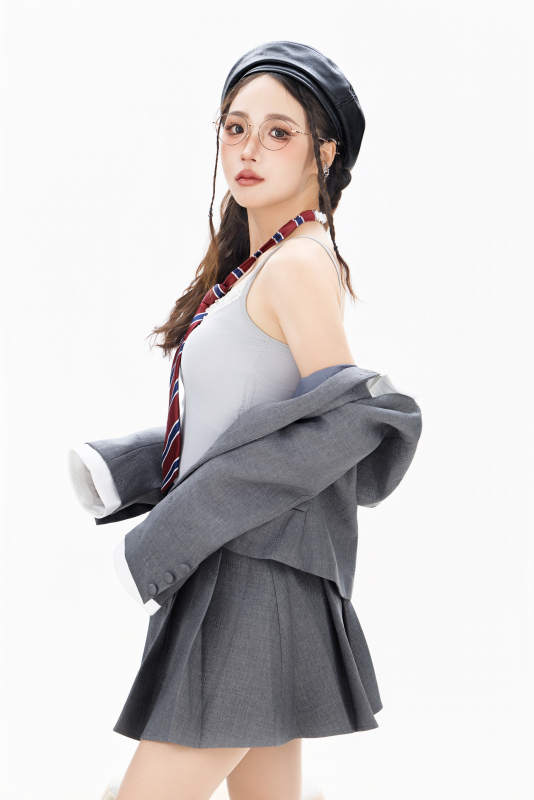 影棚拍摄身穿制服装扮时尚的亚洲美女图片