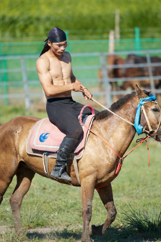 在草原景区练习骑马马术的蒙古族演员图片