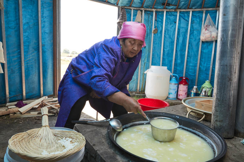 在蒙古包内用传统工艺熬煮制作奶豆腐过程图片