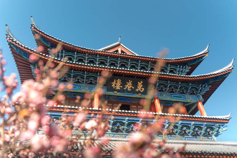 云南丽江木府万卷楼春景图片