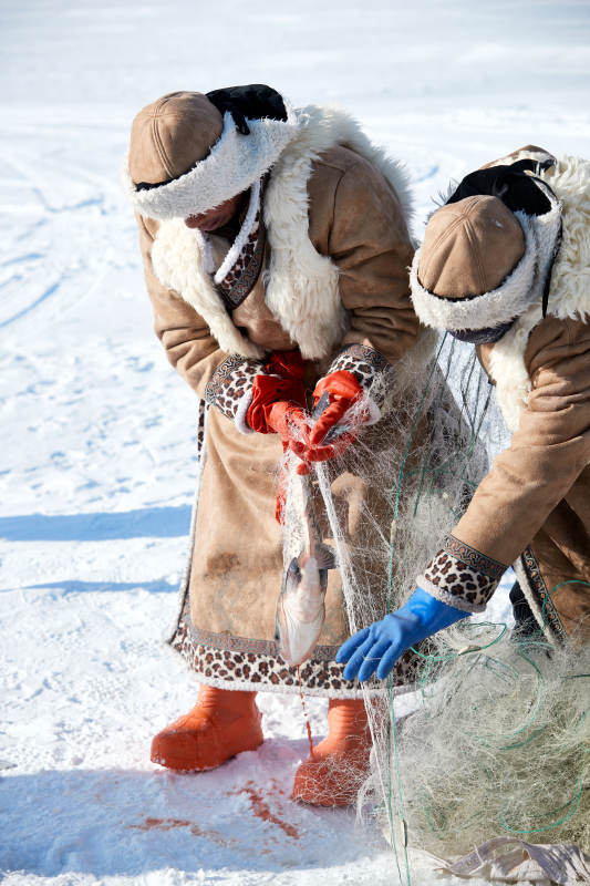 寒冷的冬季在冰冻的湖面上凿冰捕鱼的人们图片