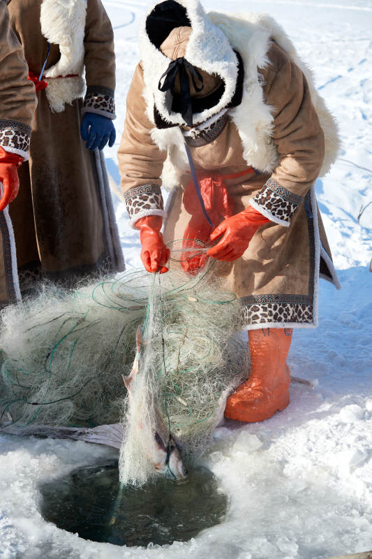 寒冷的冬季在冰冻的湖面上凿冰捕鱼的人们图片