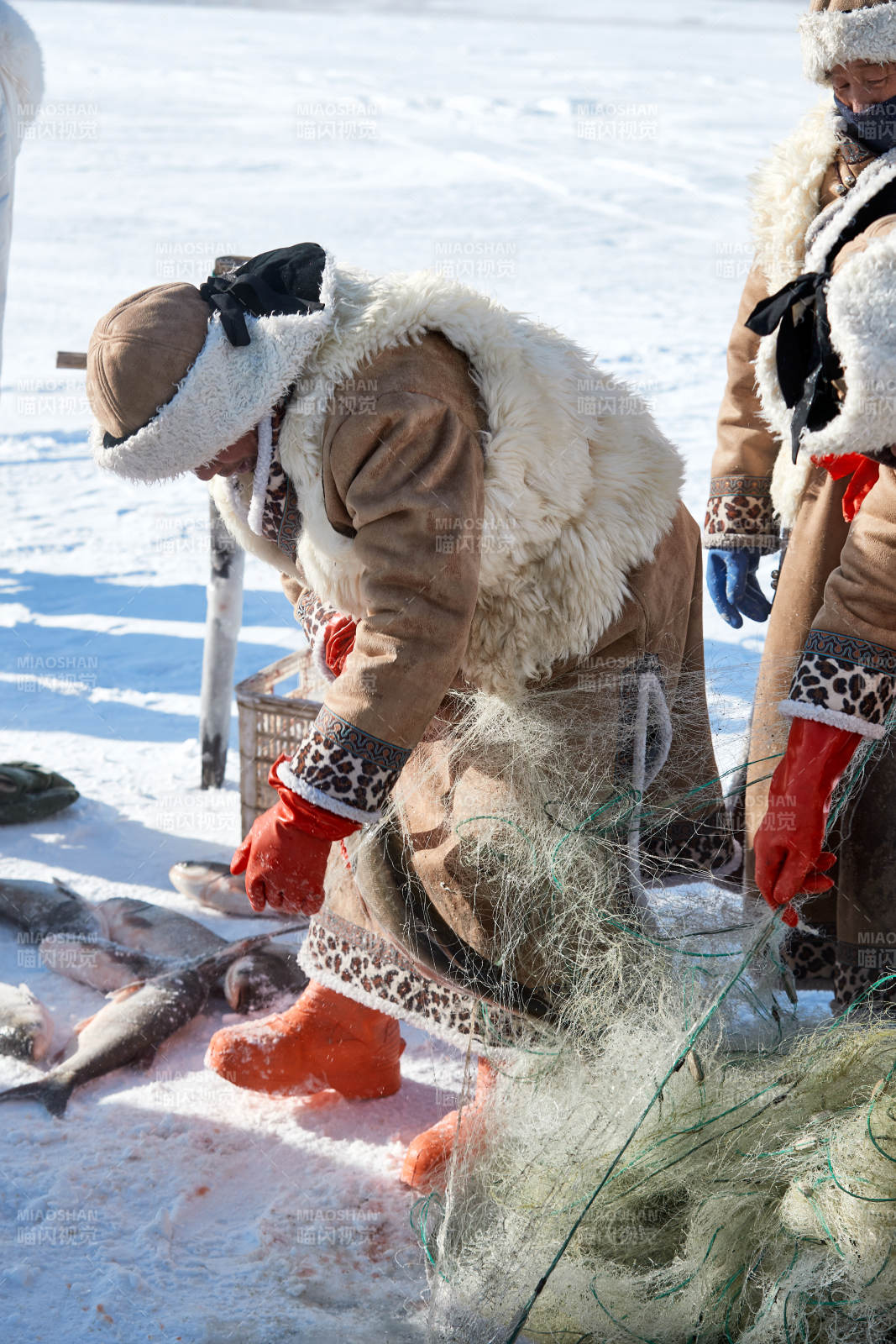 寒冷的冬季在冰冻的湖面上凿冰捕鱼的人们图片