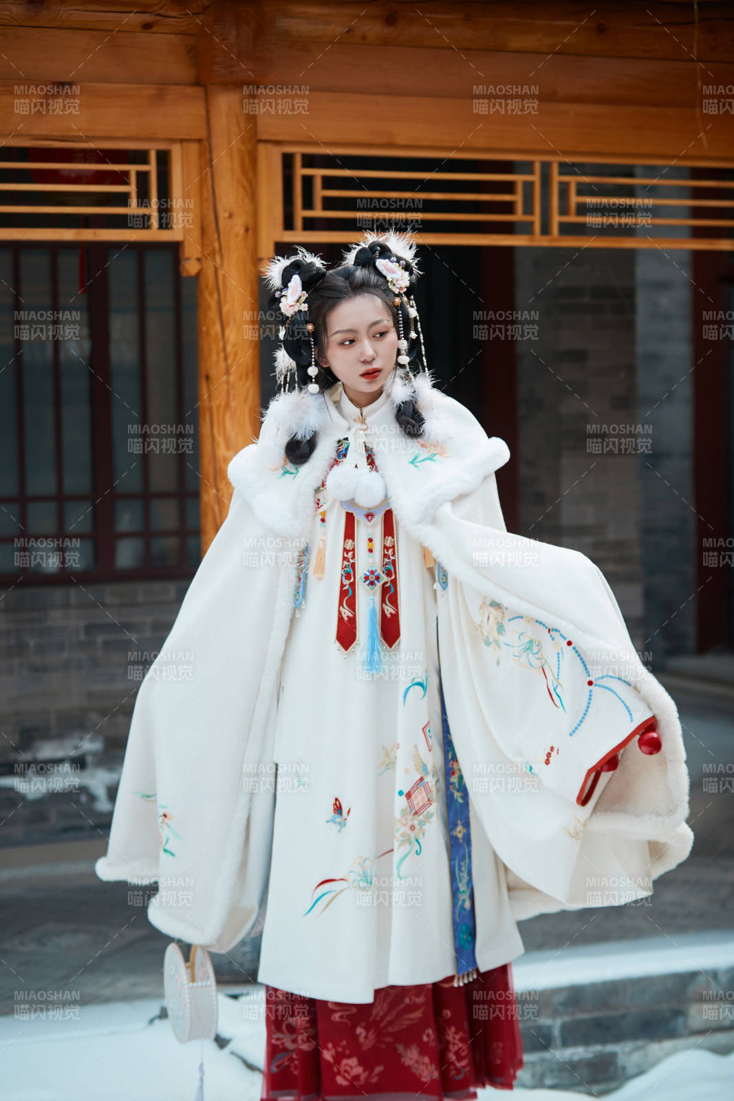 大雪后户外身穿明朝汉服的亚洲少女图片