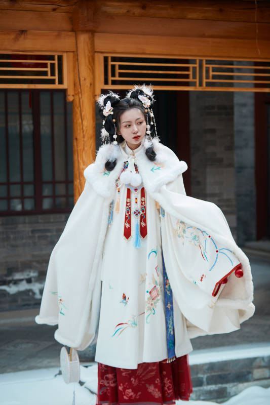 大雪后户外身穿明朝汉服的亚洲少女图片
