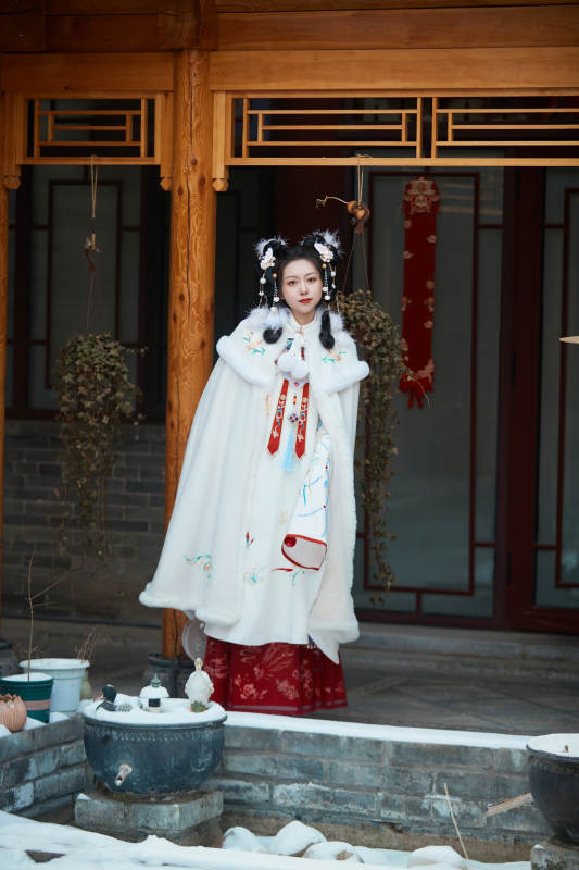 大雪后户外身穿明朝汉服的亚洲少女图片