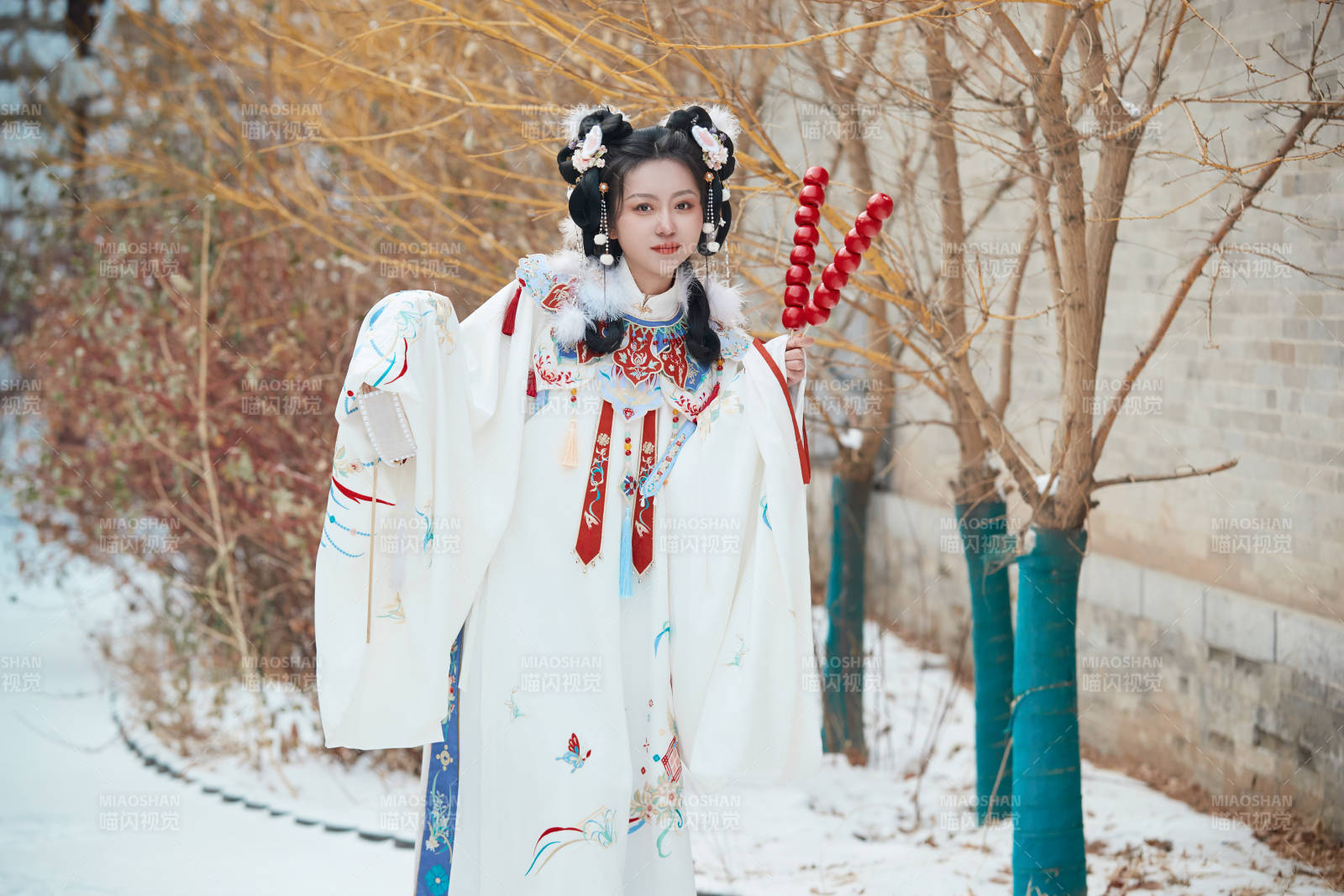 大雪后户外身穿明朝汉服的亚洲少女图片