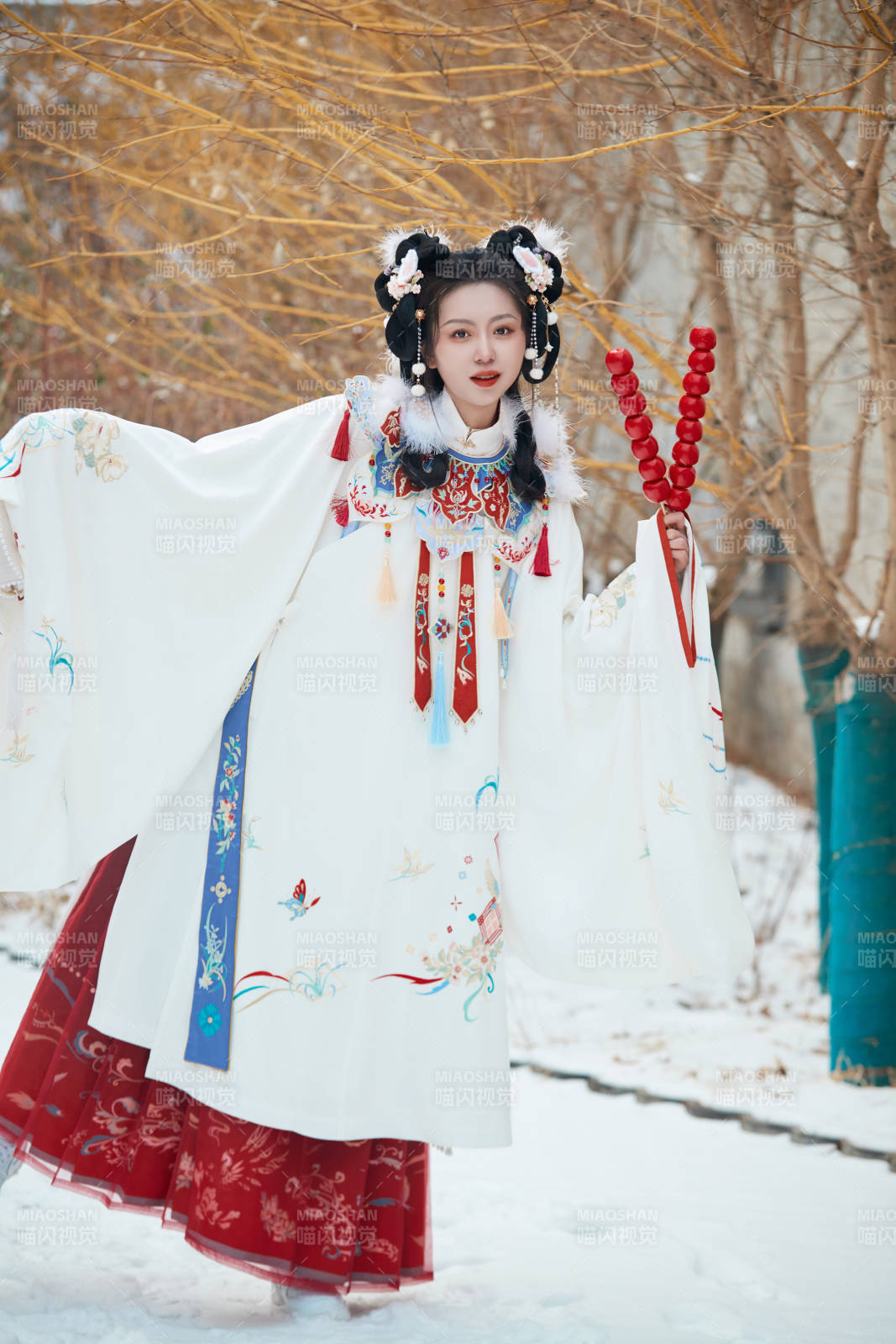 大雪后户外身穿明朝汉服的亚洲少女图片
