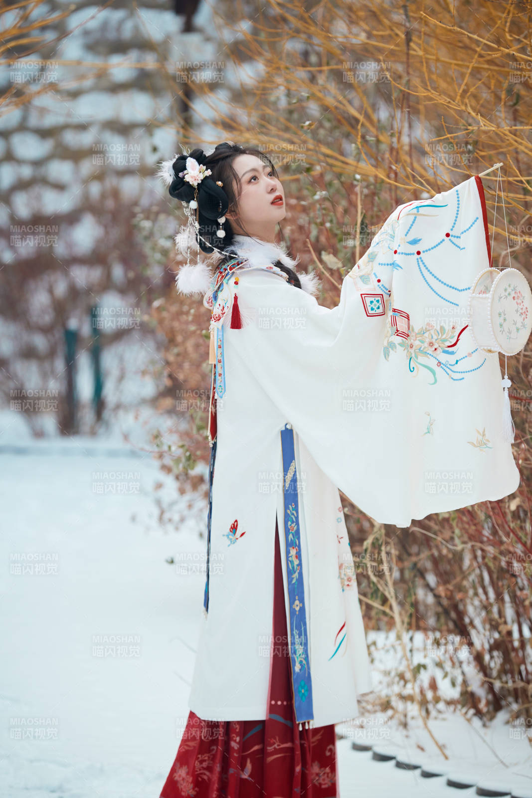 大雪后户外身穿明朝汉服的亚洲少女图片