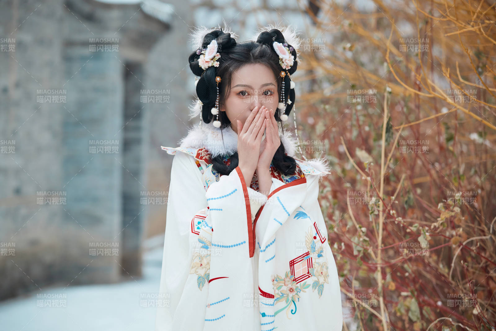 大雪后户外身穿明朝汉服的亚洲少女图片