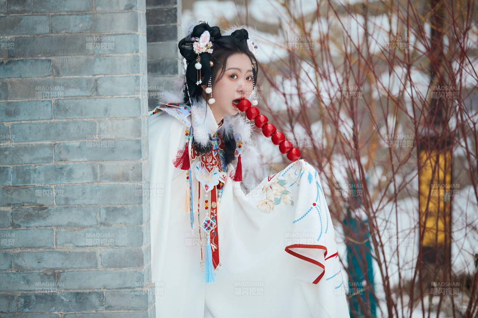 大雪后户外身穿明朝汉服的亚洲少女图片
