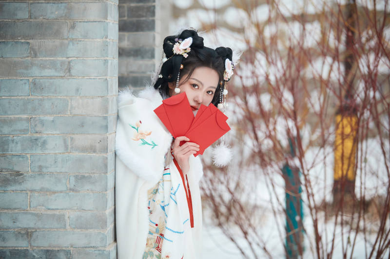 大雪后户外身穿明朝汉服的亚洲少女图片