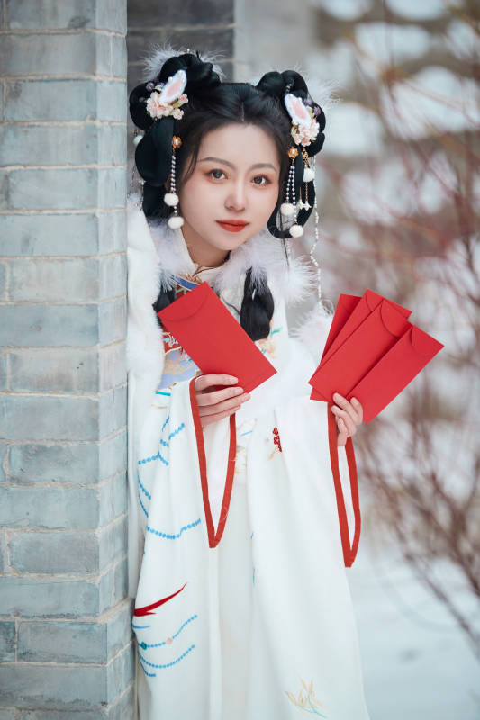 大雪后户外身穿明朝汉服的亚洲少女图片