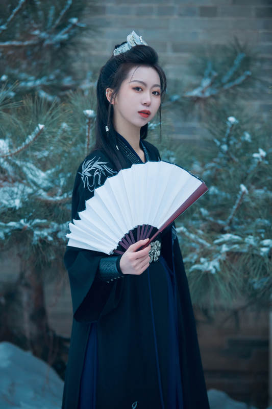 雪天古城身穿汉服扮演武侠的中国少女图片